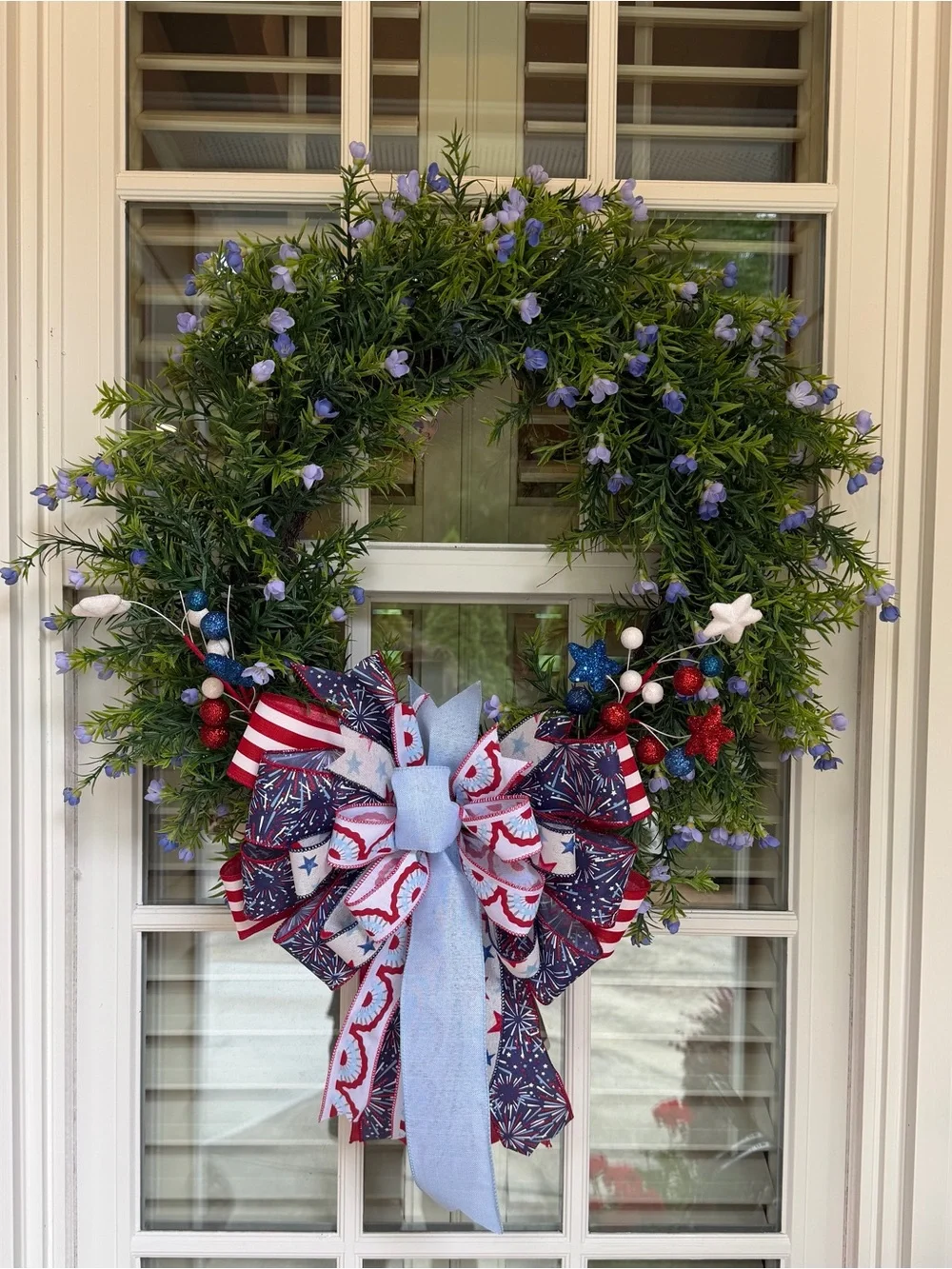 Patriotic Blue and Red Holiday Wreath with Ribbon Bow
